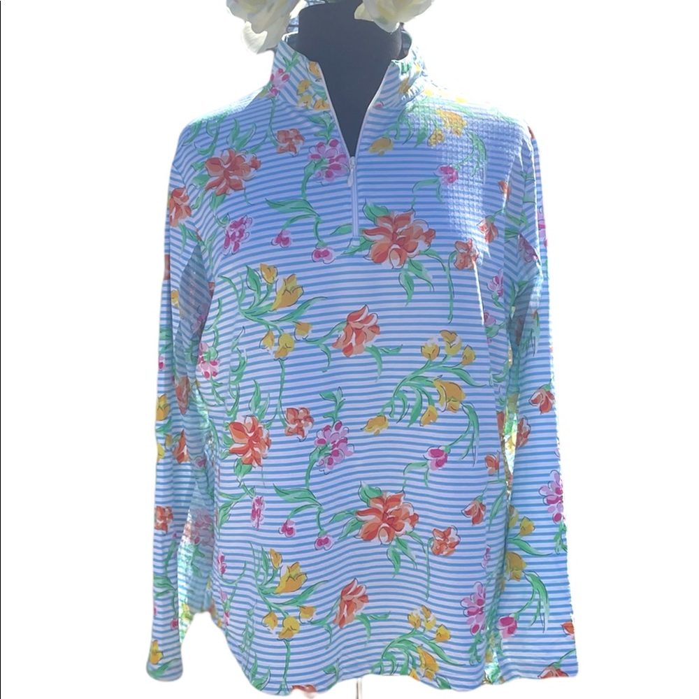 IBKUL Quarter ZipGolf /Tennis Pullover Blue & White Stripe with Flowers Size XL